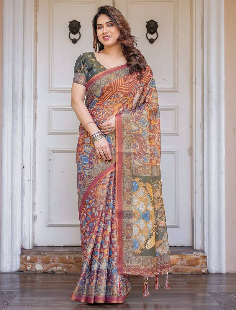 Party wear handloom cotton floral printed saree with blouse fabric