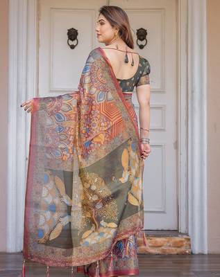 Party wear handloom cotton floral printed saree with blouse fabric 2