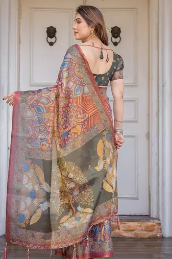 Party wear handloom cotton floral printed saree with blouse fabric