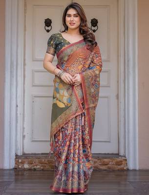 Party wear handloom cotton floral printed saree with blouse fabric 3