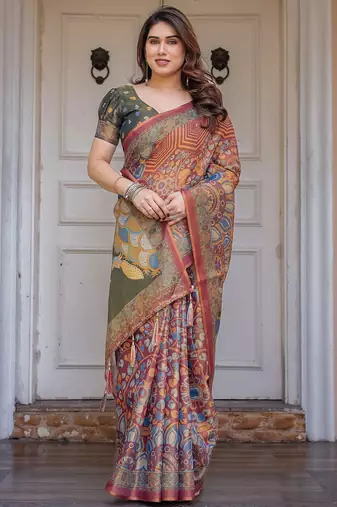 Party wear handloom cotton floral printed saree with blouse fabric