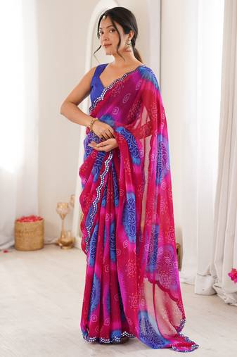 Heavy georgette bandhani keri print saree with mirror work & cutwork border