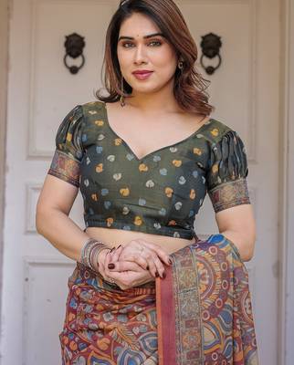 Party wear handloom cotton floral printed saree with blouse fabric 5