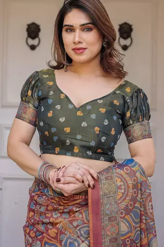 Party wear handloom cotton floral printed saree with blouse fabric