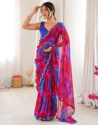  georgette bandhani keri print saree with mirror work & cutwork border 2