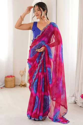  georgette bandhani keri print saree with mirror work & cutwork border