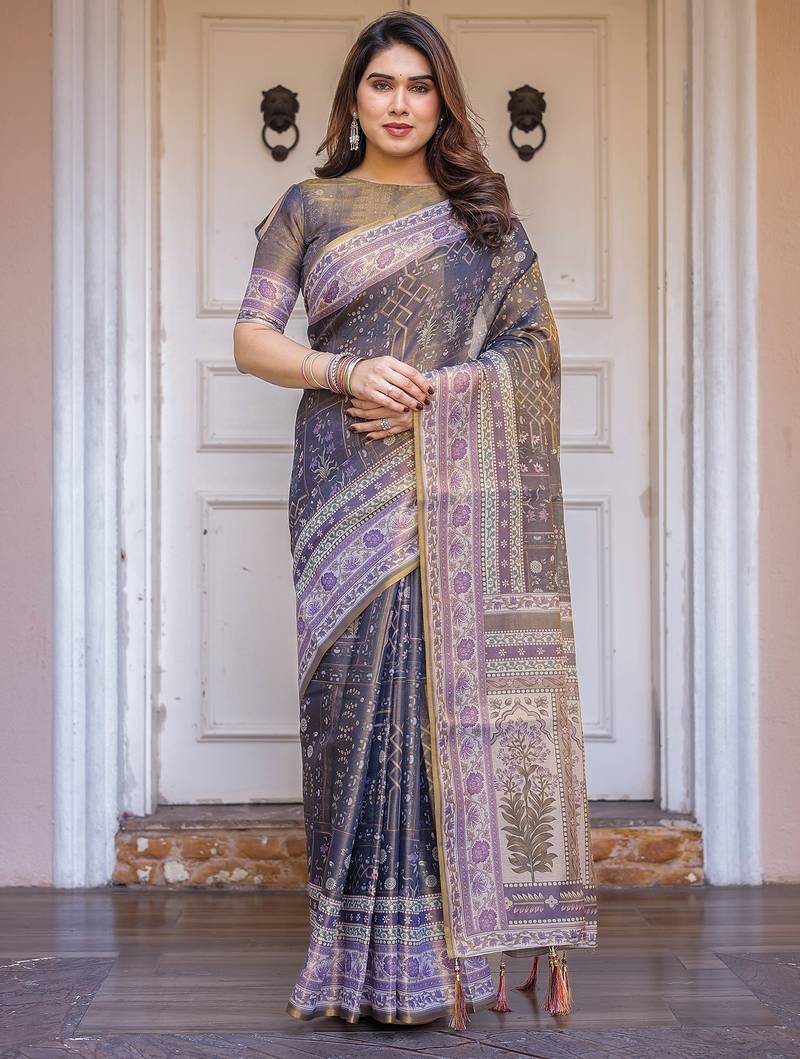 Women's ethnic handloom cotton floral printed saree with blouse