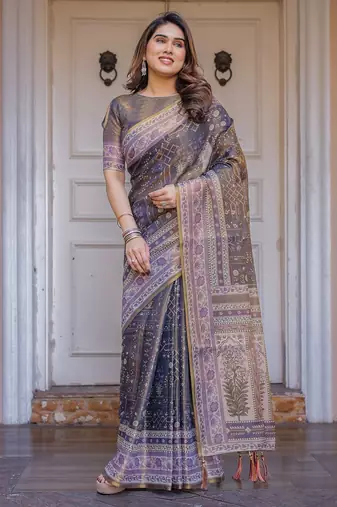 Women's ethnic handloom cotton floral printed saree with blouse