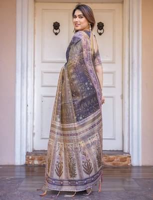 Women's ethnic handloom cotton floral printed saree with blouse 3