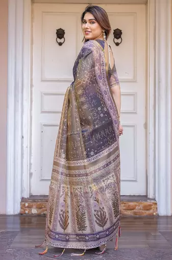 Women's ethnic handloom cotton floral printed saree with blouse