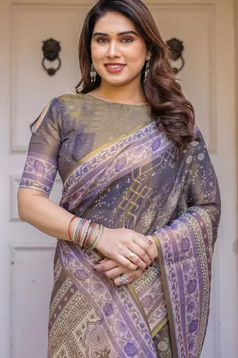 Women's ethnic handloom cotton floral printed saree with blouse