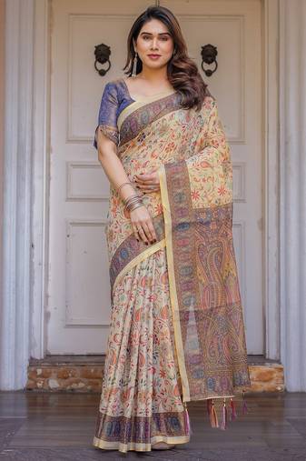Traditional floral printed handloom cotton saree with attached blouse