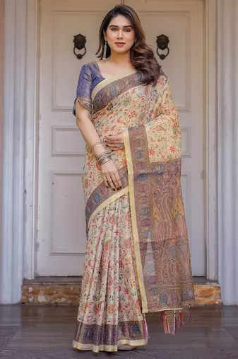 Traditional floral printed handloom cotton saree with attached blouse