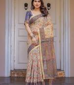 Traditional floral printed handloom cotton saree with attached blouse