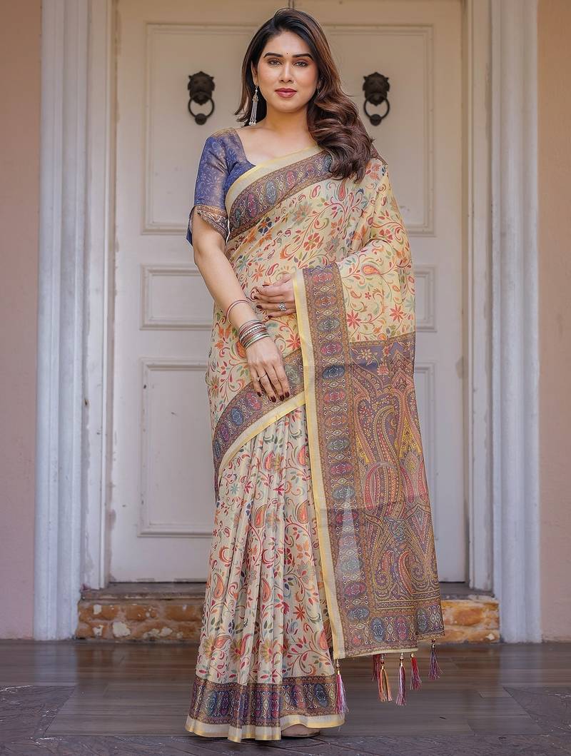 Traditional floral printed handloom cotton saree with attached blouse
