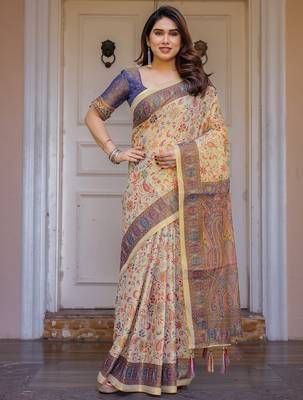 Traditional floral printed handloom cotton saree with attached blouse 2