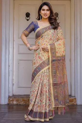 Traditional floral printed handloom cotton saree with attached blouse