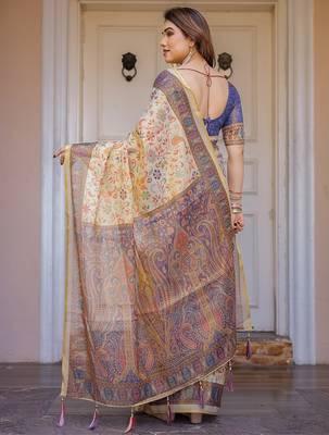 Traditional floral printed handloom cotton saree with attached blouse 3