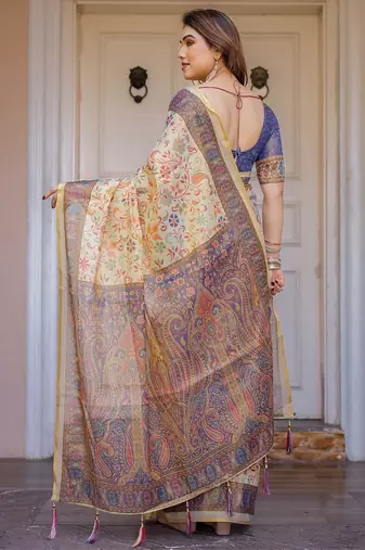 Traditional floral printed handloom cotton saree with attached blouse
