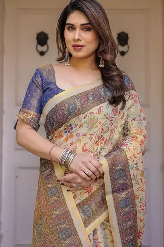 Traditional floral printed handloom cotton saree with attached blouse
