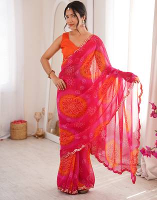  georgette bandhani keri print saree with mirror work & cutwork border 1