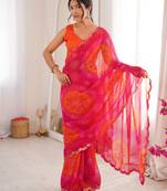 Heavy georgette bandhani keri print saree with mirror work & cutwork border