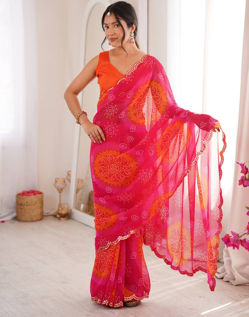 Heavy georgette bandhani keri print saree with mirror work & cutwork border
