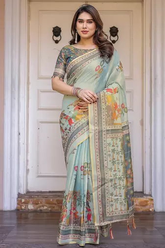 Stylish handloom cotton floral print saree with matching blouse piece
