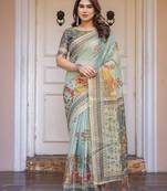 Stylish handloom cotton floral print saree with matching blouse piece