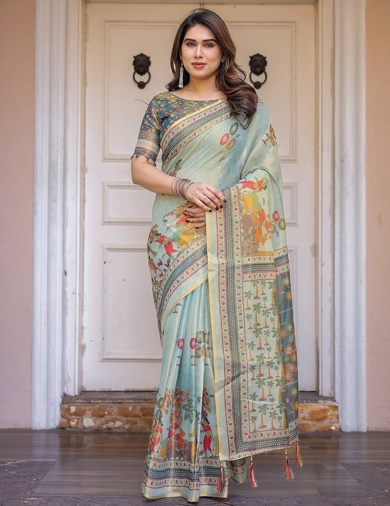 Stylish handloom cotton floral print saree with matching blouse piece