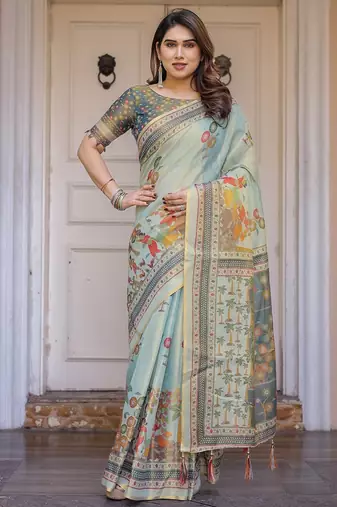 Stylish handloom cotton floral print saree with matching blouse piece