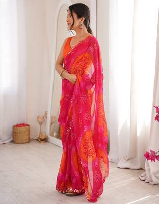  georgette bandhani keri print saree with mirror work & cutwork border 2