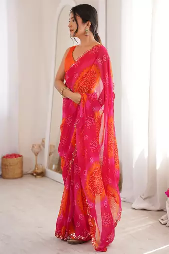  georgette bandhani keri print saree with mirror work & cutwork border