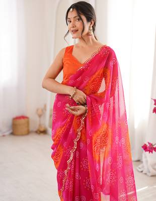  georgette bandhani keri print saree with mirror work & cutwork border 3