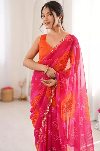  georgette bandhani keri print saree with mirror work & cutwork border