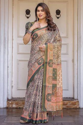 Lightweight handloom cotton floral printed saree for daily wear with blouse