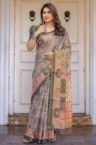 Lightweight handloom cotton floral printed saree for daily wear with blouse