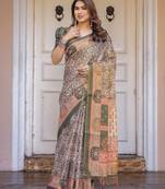 Lightweight handloom cotton floral printed saree for daily wear with blouse