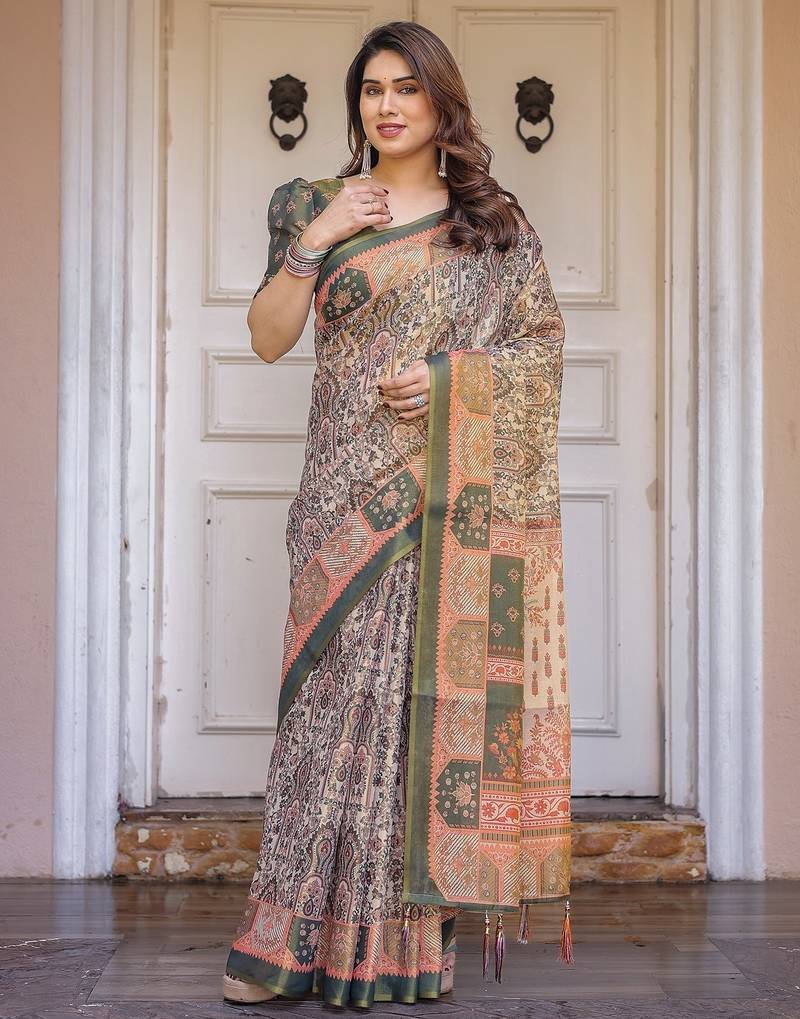 Lightweight handloom cotton floral printed saree for daily wear with blouse