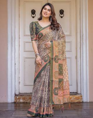 Lightweight handloom cotton floral printed saree for daily wear with blouse 2
