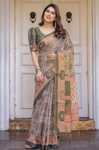 Lightweight handloom cotton floral printed saree for daily wear with blouse