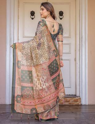 Lightweight handloom cotton floral printed saree for daily wear with blouse 3