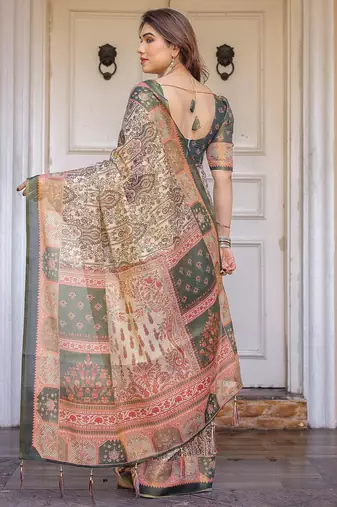 Lightweight handloom cotton floral printed saree for daily wear with blouse