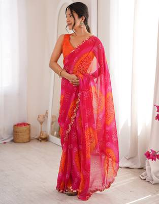  georgette bandhani keri print saree with mirror work & cutwork border 5