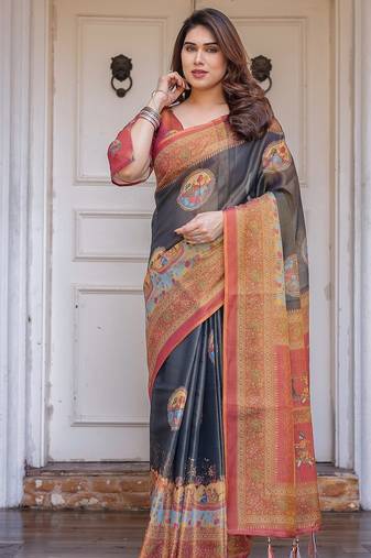 Ethnic handloom cotton printed saree with floral pattern & blouse piece