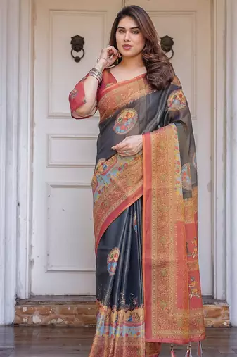 Ethnic handloom cotton printed saree with floral pattern & blouse piece