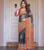 Ethnic handloom cotton printed saree with floral pattern & blouse piece