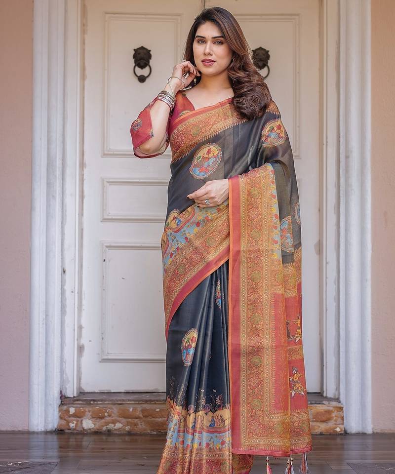 Ethnic handloom cotton printed saree with floral pattern & blouse piece
