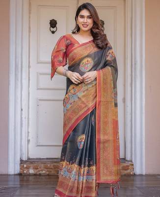 Ethnic handloom cotton printed saree with floral pattern & blouse piece 2