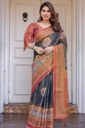 Ethnic handloom cotton printed saree with floral pattern & blouse piece